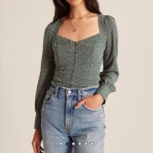Abercrombie & Fitch Floral Long Sleeve Button Through V Neck Top